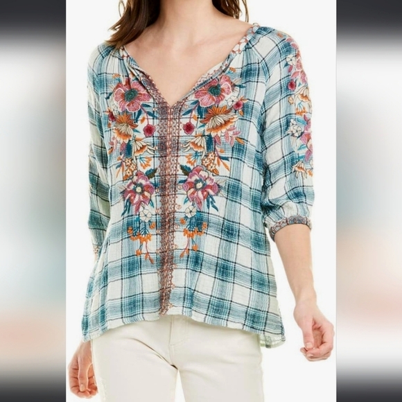 Johnny Was womens cotton back slit embroidered peasant top 3/4 sleeve blouse - Picture 2 of 10